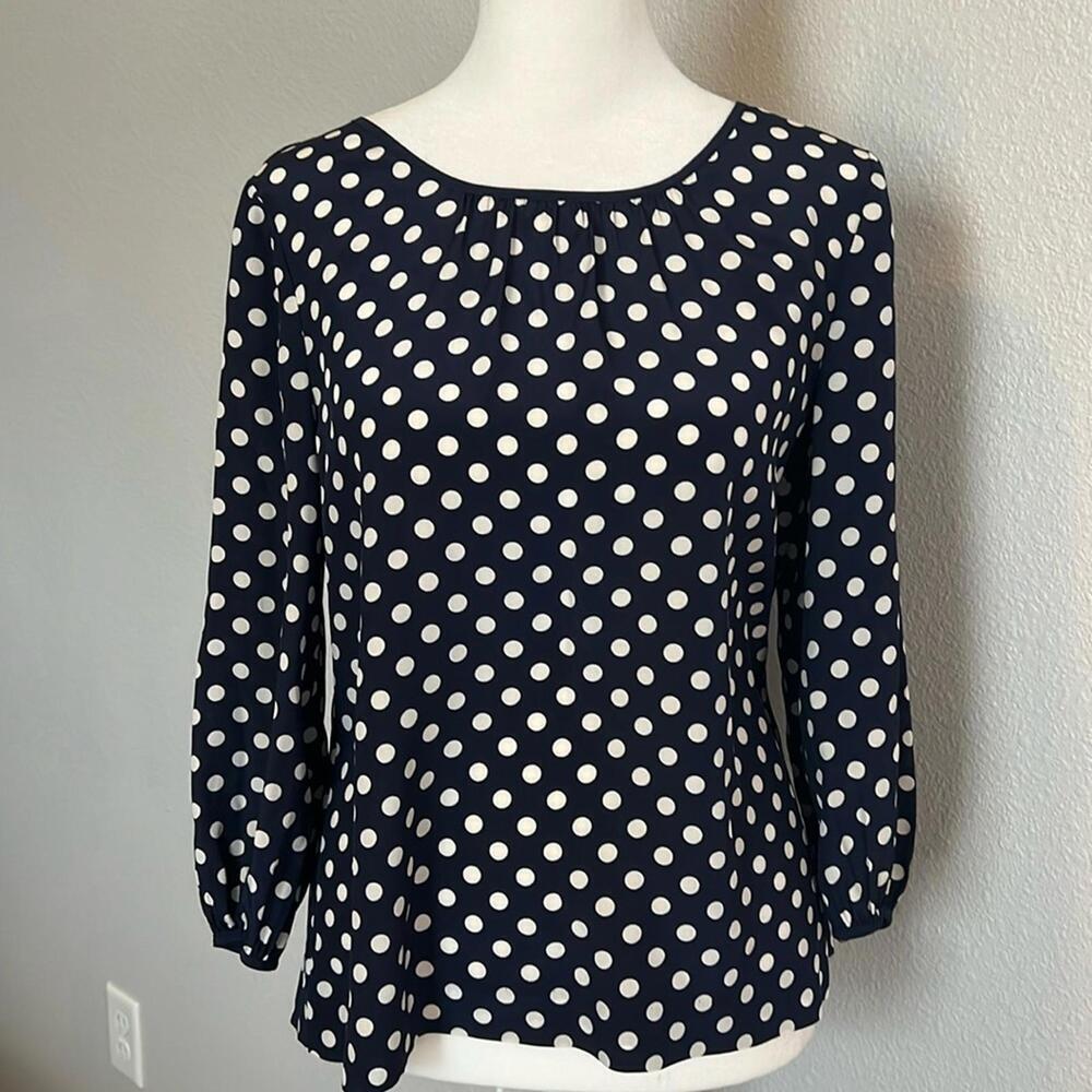 JCrew 100% Silk Blue/Ivory Popover Blouse Size 0 Petite